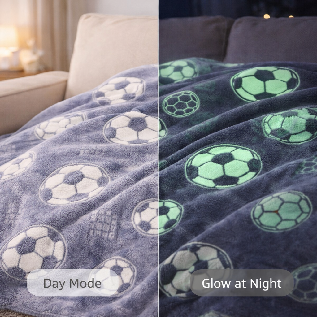 Kids Glow in Dark Blanket for bedtime | (150 × 200 cm) | Grey Football