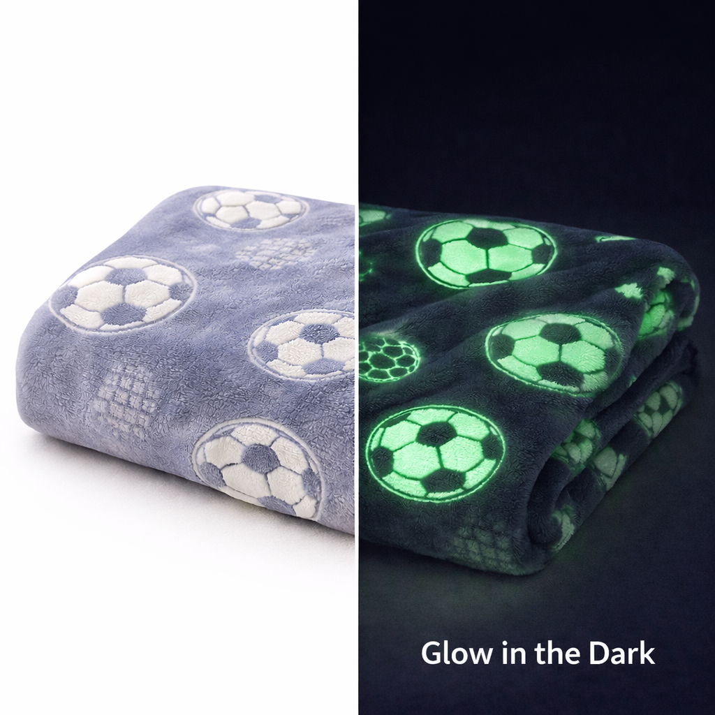 Kids Glow in Dark Blanket for bedtime | (150 × 200 cm) | Grey Football