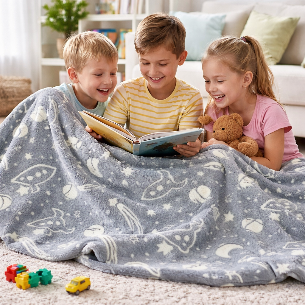 Grey Space Kids Glow in Dark Blanket for bedtime | (150 × 200 cm) | Soft & Comfort