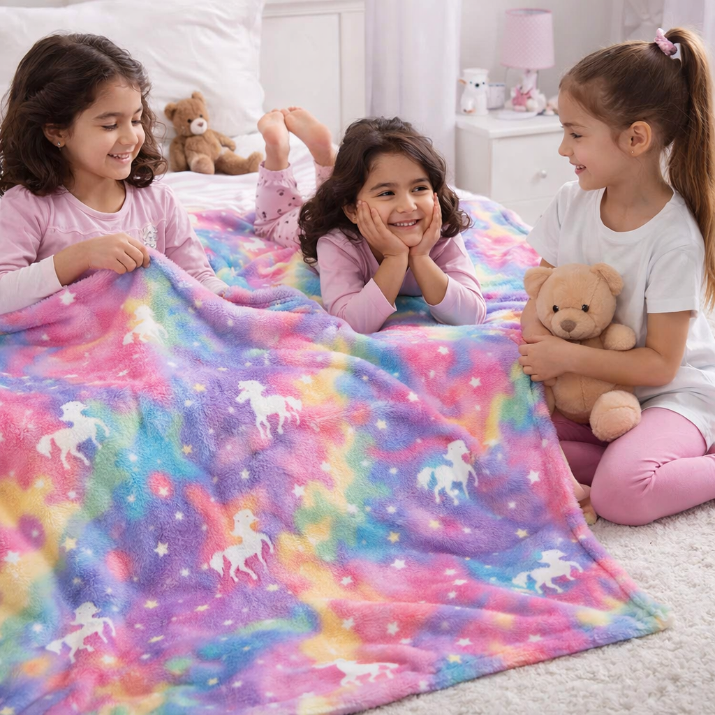 Rainbow Unicorn Kids Glow in Dark Blanket for bedtime | (150 × 200 cm) | Soft & Comfort
