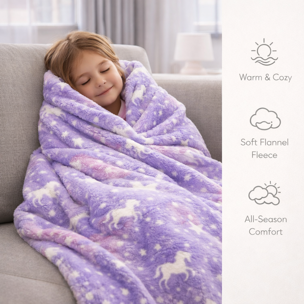 Purple Unicorn Kids Glow in Dark Blanket for bedtime | (150 × 200 cm) | Soft & Comfort