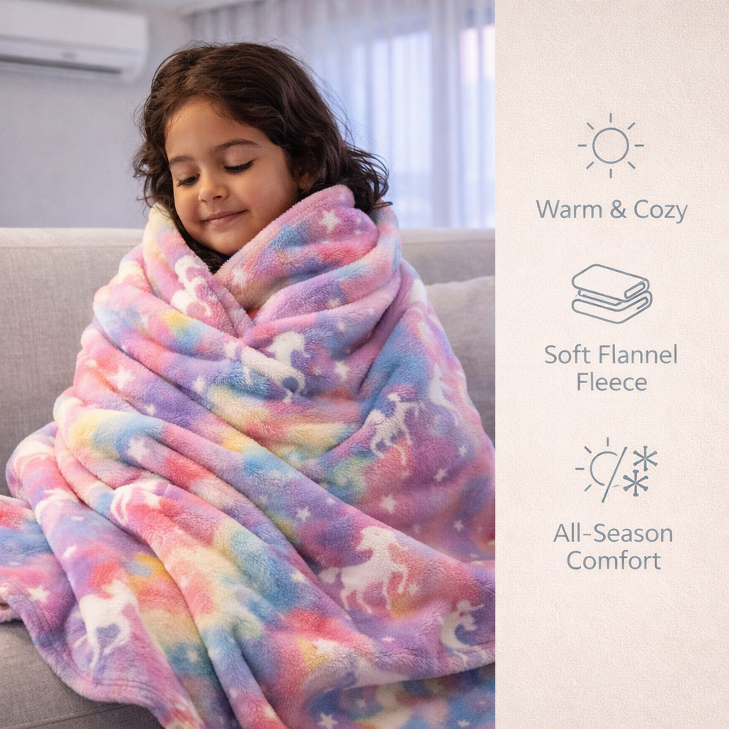 Rainbow Unicorn Kids Glow in Dark Blanket for bedtime | (150 × 200 cm) | Soft & Comfort