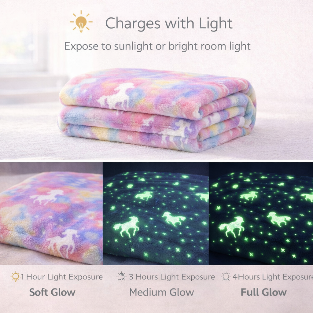 Rainbow Unicorn Kids Glow in Dark Blanket for bedtime | (150 × 200 cm) | Soft & Comfort
