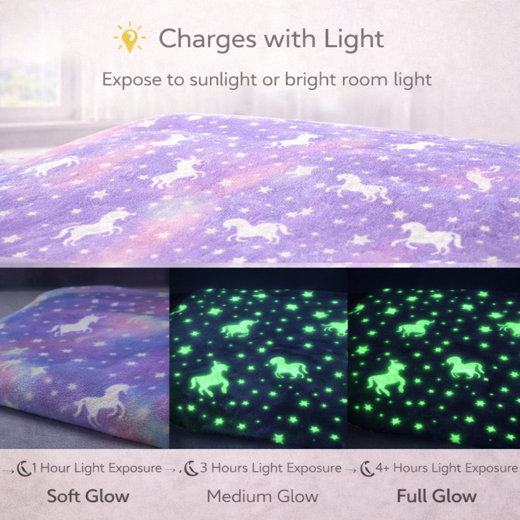 Purple Unicorn Kids Glow in Dark Blanket for bedtime | (150 × 200 cm) | Soft & Comfort