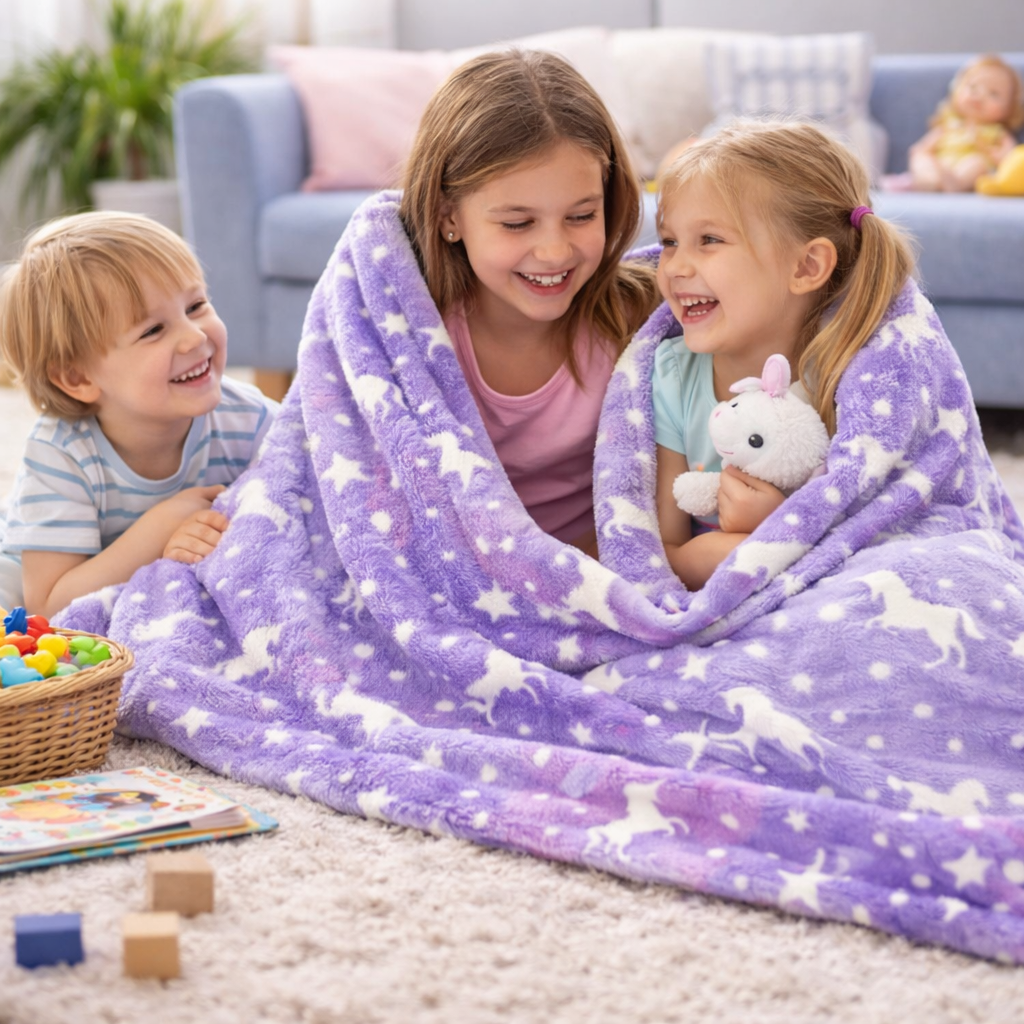 Purple Unicorn Kids Glow in Dark Blanket for bedtime | (150 × 200 cm) | Soft & Comfort