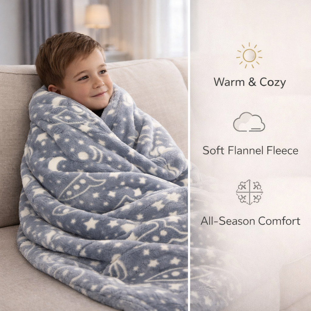 Grey Space Kids Glow in Dark Blanket for bedtime | (150 × 200 cm) | Soft & Comfort