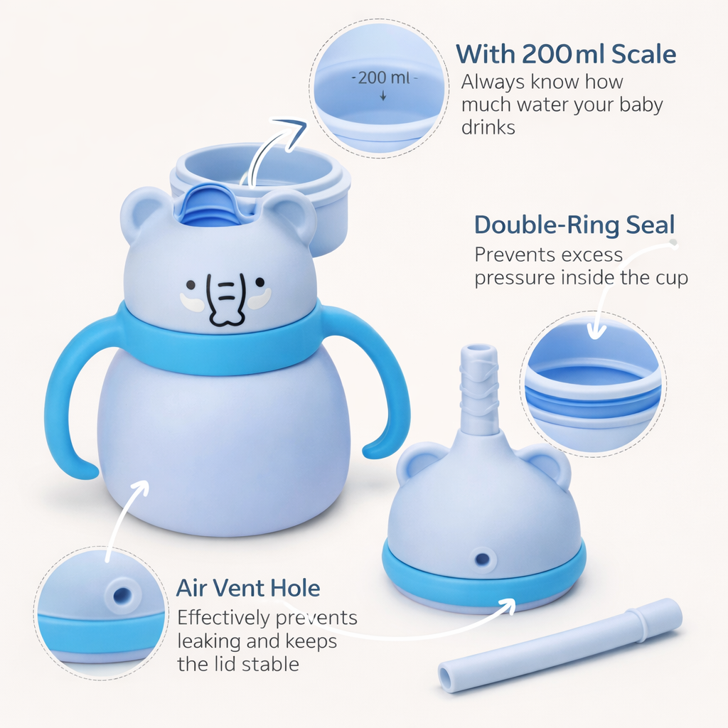Silicone Baby Sipper Cup with Straw Blue Teddy Bear | BPA-Free | 200ml Baby Hydration Training Cup | Baby Travel sipper | Teething Friendly