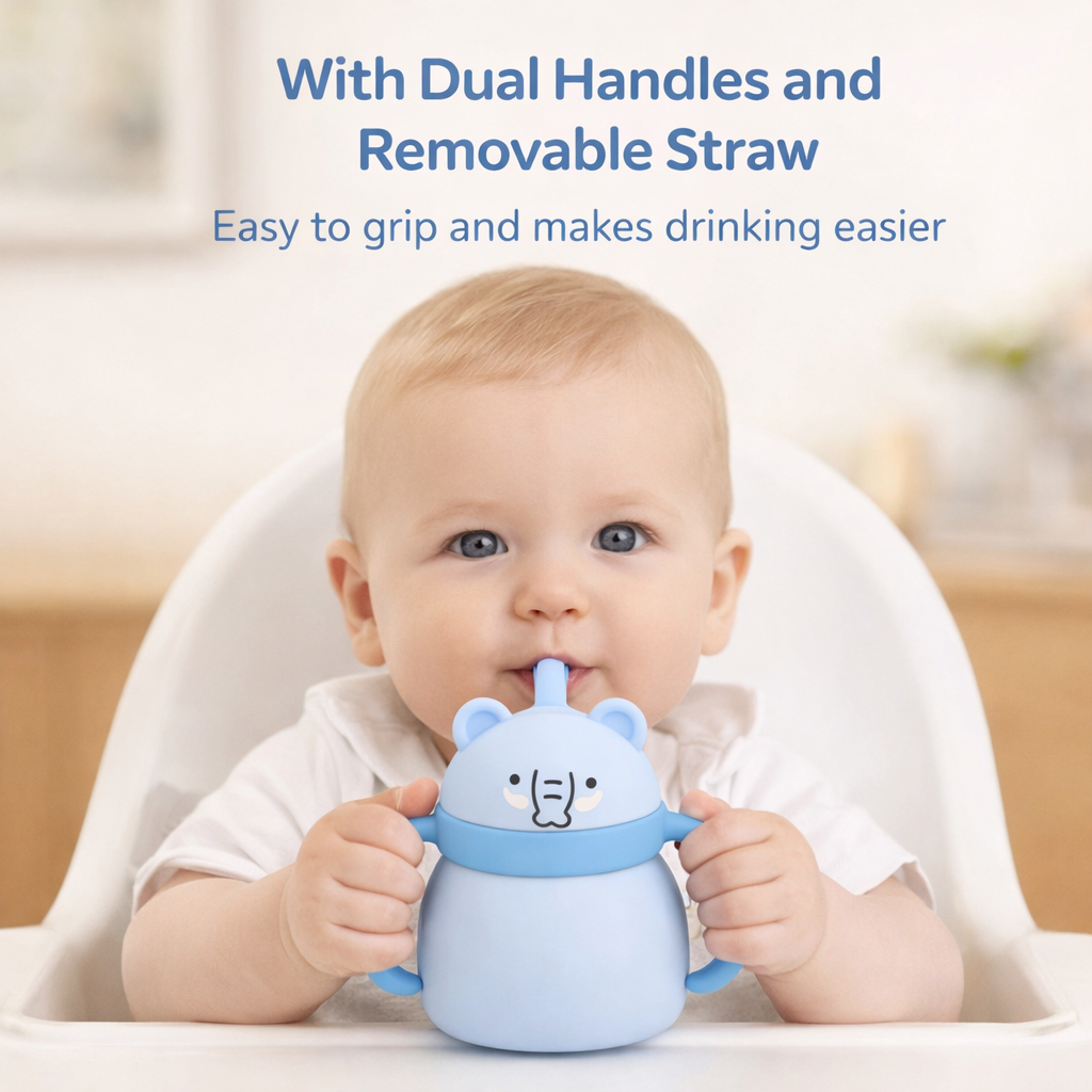 Silicone Baby Sipper Cup with Straw Blue Teddy Bear | BPA-Free | 200ml Baby Hydration Training Cup | Baby Travel sipper | Teething Friendly