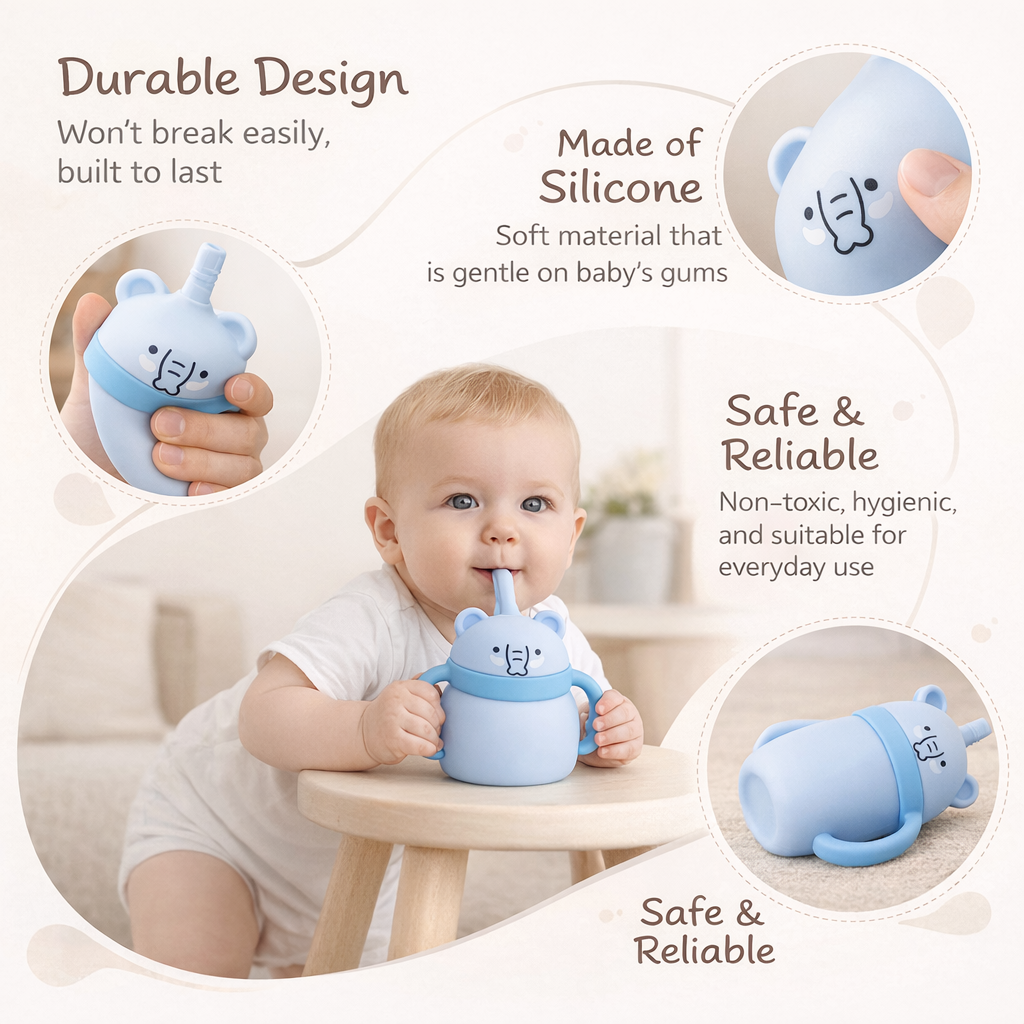 Silicone Baby Sipper Cup with Straw Blue Teddy Bear | BPA-Free | 200ml Baby Hydration Training Cup | Baby Travel sipper | Teething Friendly