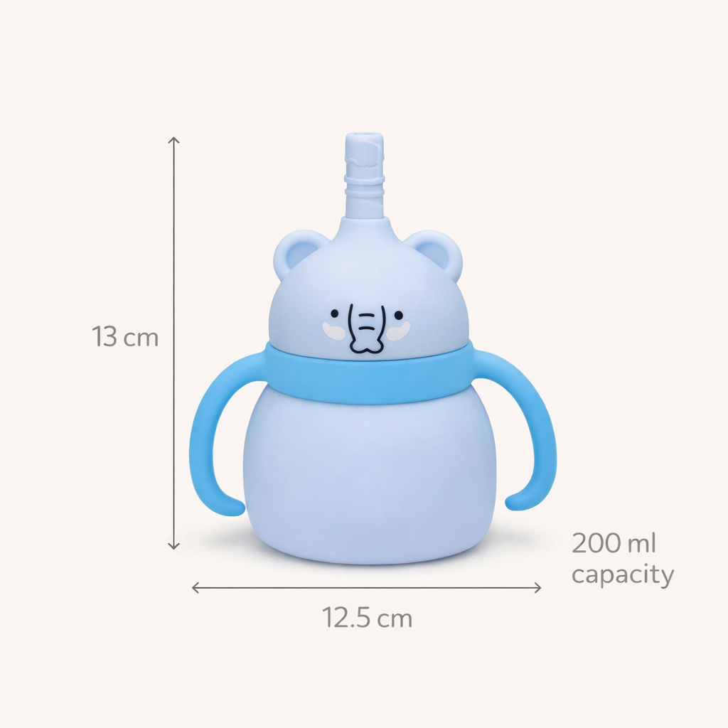 Silicone Baby Sipper Cup with Straw Blue Teddy Bear | BPA-Free | 200ml Baby Hydration Training Cup | Baby Travel sipper | Teething Friendly