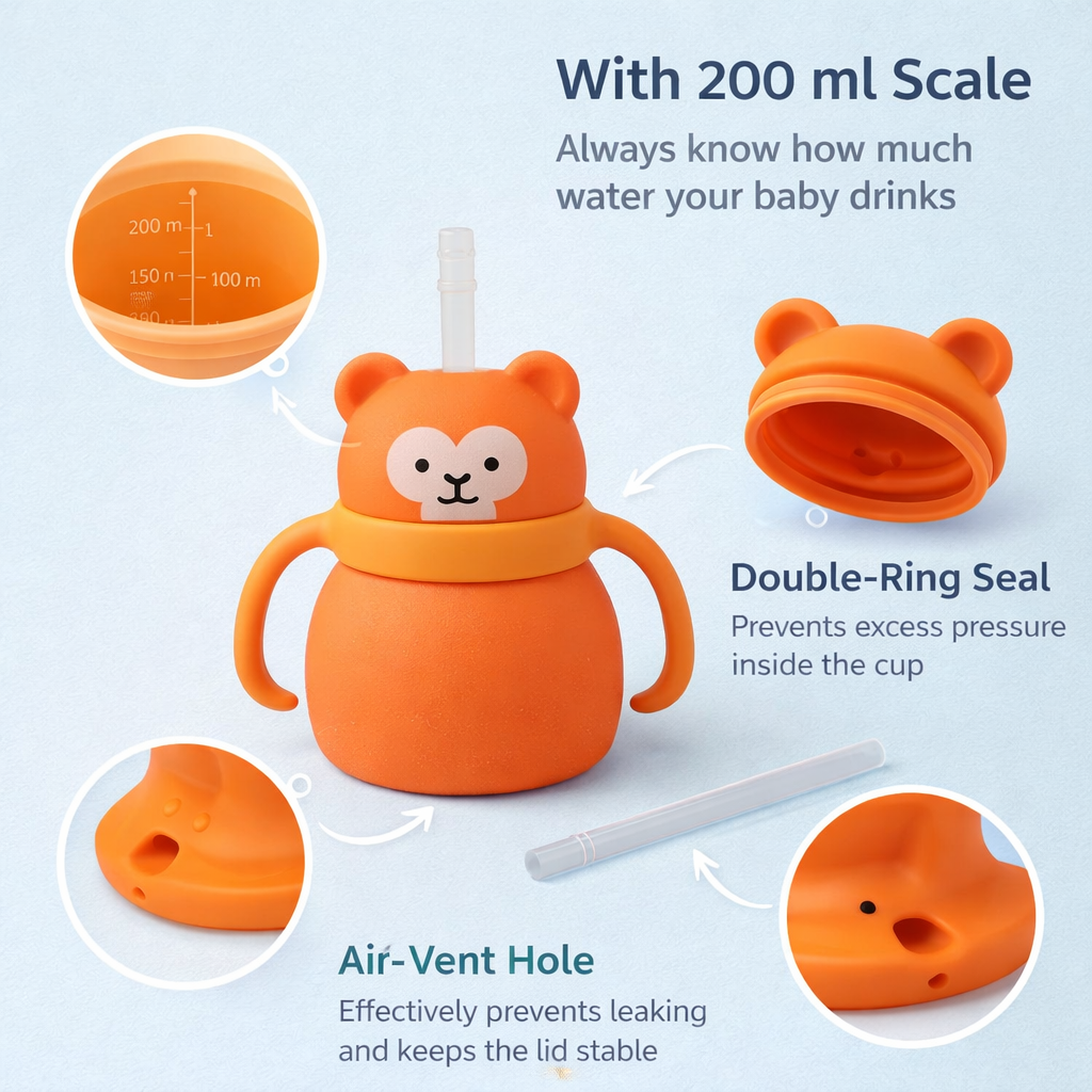 Silicone Baby Sipper Cup with Straw Orange Teddy Bear | BPA-Free | 200ml Baby Hydration Training Cup | Baby Travel sipper | Teething Friendly