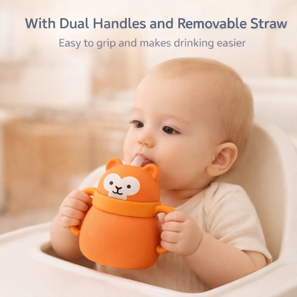 Silicone Baby Sipper Cup with Straw Orange Teddy Bear | BPA-Free | 200ml Baby Hydration Training Cup | Baby Travel sipper | Teething Friendly