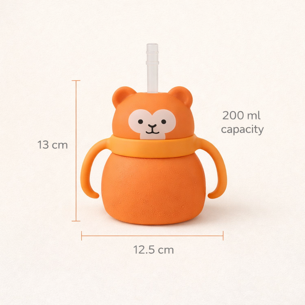 Silicone Baby Sipper Cup with Straw Orange Teddy Bear | BPA-Free | 200ml Baby Hydration Training Cup | Baby Travel sipper | Teething Friendly