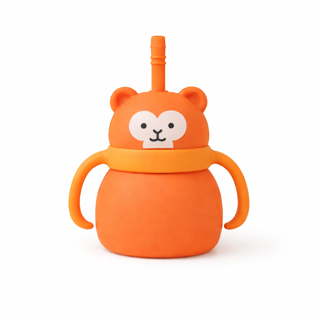 Silicone Baby Sipper Cup with Straw Orange Teddy Bear | BPA-Free | 200ml Baby Hydration Training Cup | Baby Travel sipper | Teething Friendly
