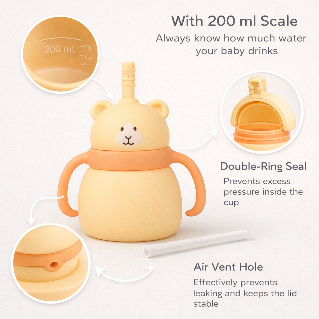 Silicone Baby Sipper Cup with Straw Yellow Teddy Bear | BPA-Free | 200ml Baby Hydration Training Cup | Baby Travel sipper | Teething Friendly
