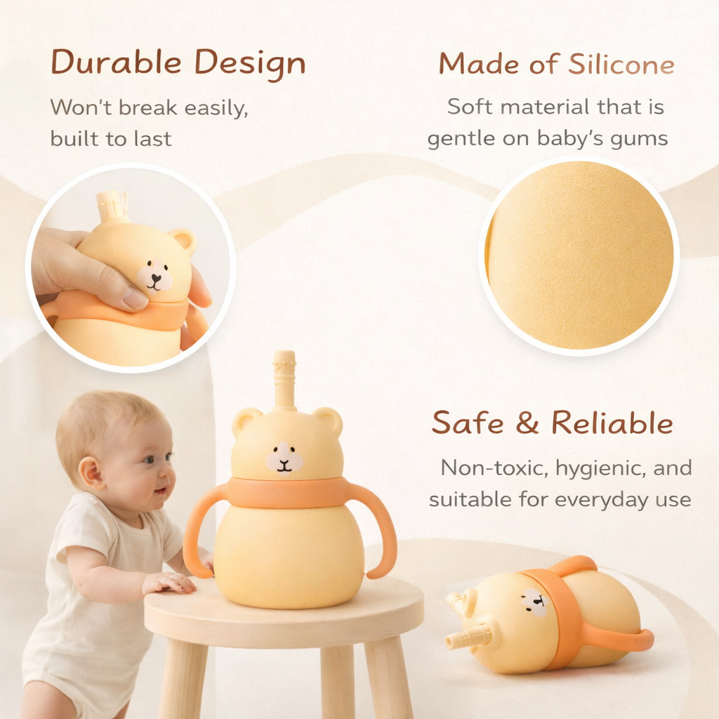 Silicone Baby Sipper Cup with Straw Yellow Teddy Bear | BPA-Free | 200ml Baby Hydration Training Cup | Baby Travel sipper | Teething Friendly