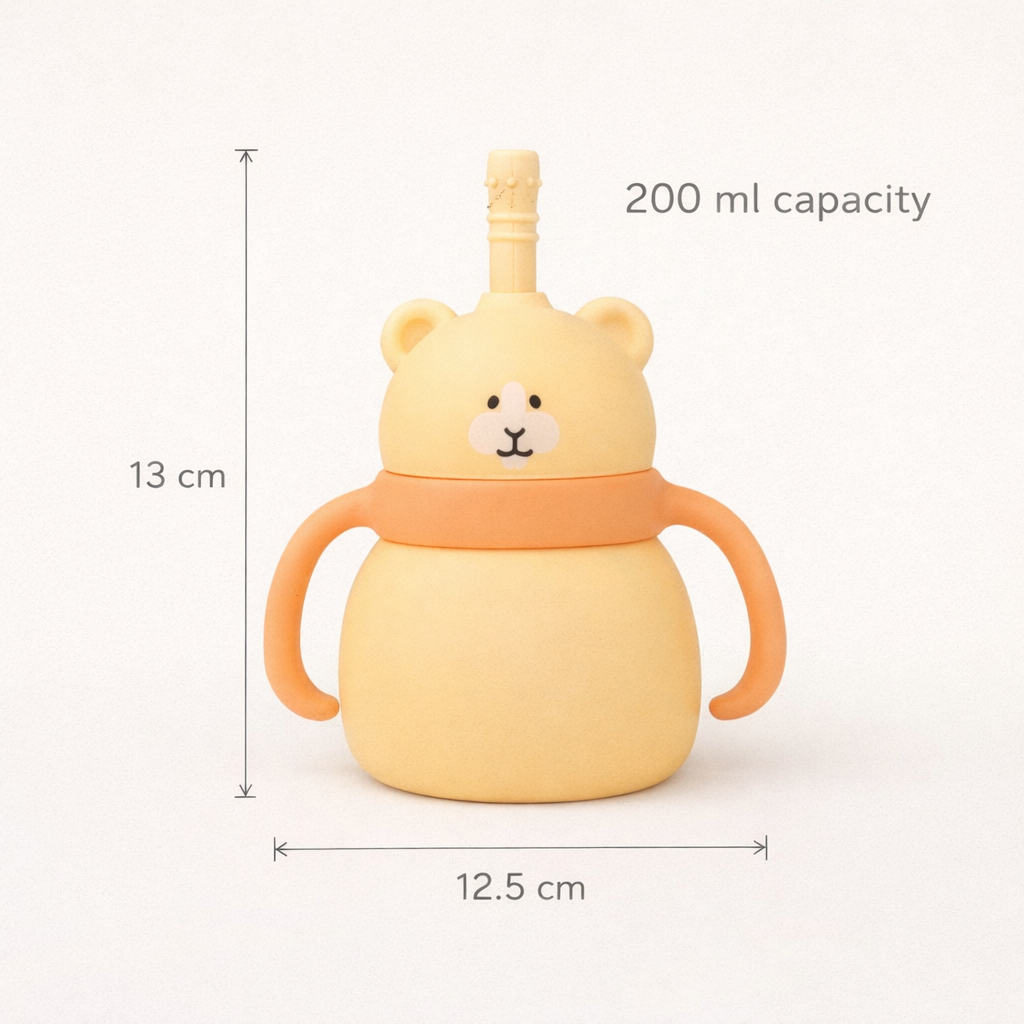Silicone Baby Sipper Cup with Straw Yellow Teddy Bear | BPA-Free | 200ml Baby Hydration Training Cup | Baby Travel sipper | Teething Friendly