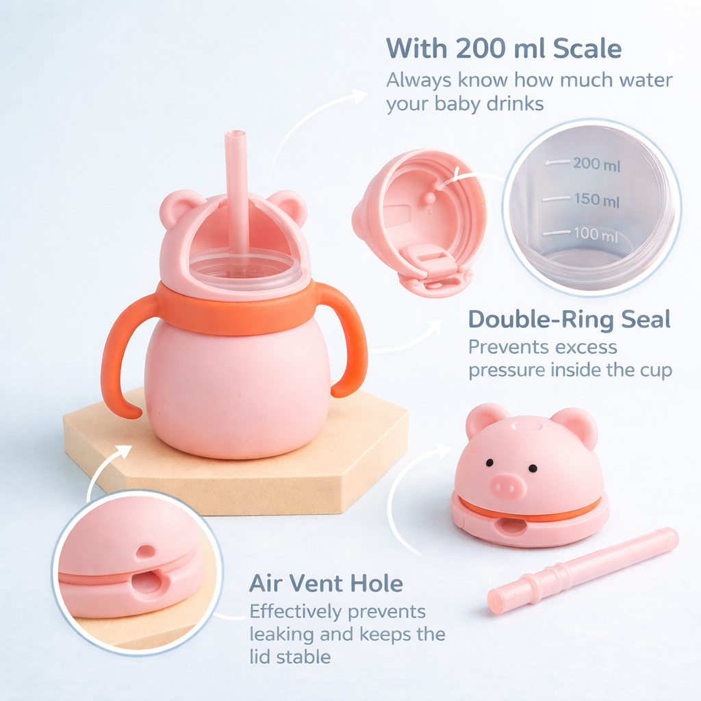 Silicone Baby Sipper Cup with Straw Pink Teddy Bear | BPA-Free | 200ml Baby Hydration Training Cup | Baby Travel sipper | Teething Friendly