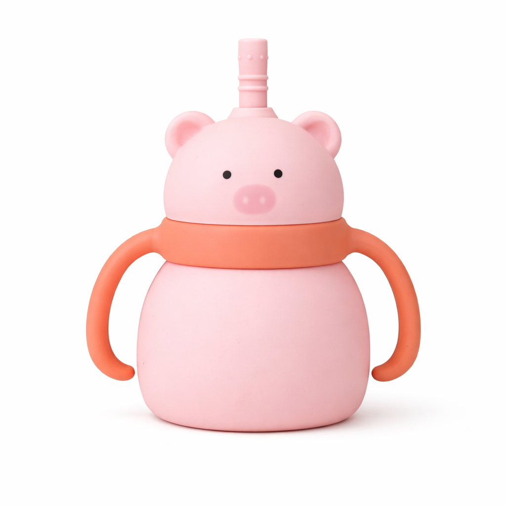 Silicone Baby Sipper Cup with Straw Pink Teddy Bear | BPA-Free | 200ml Baby Hydration Training Cup | Baby Travel sipper | Teething Friendly
