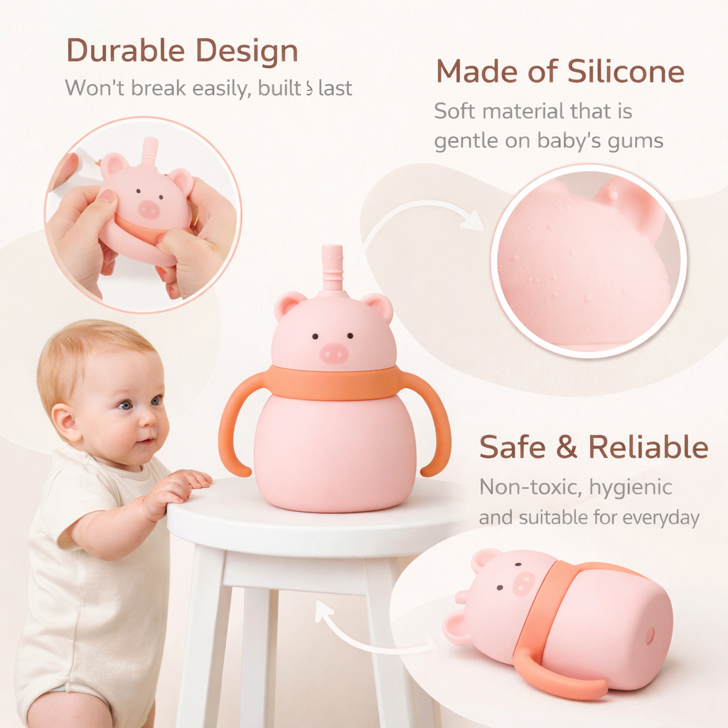 Silicone Baby Sipper Cup with Straw Pink Teddy Bear | BPA-Free | 200ml Baby Hydration Training Cup | Baby Travel sipper | Teething Friendly