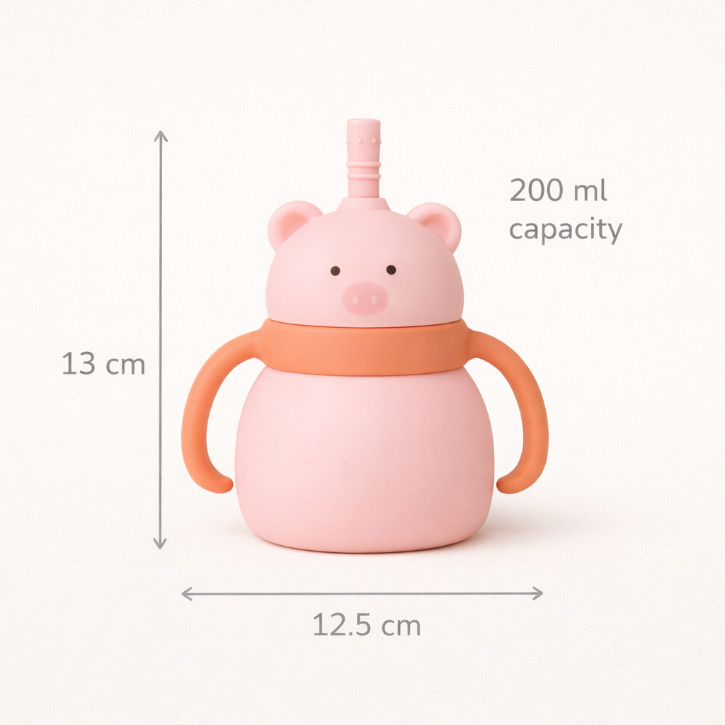 Silicone Baby Sipper Cup with Straw Pink Teddy Bear | BPA-Free | 200ml Baby Hydration Training Cup | Baby Travel sipper | Teething Friendly