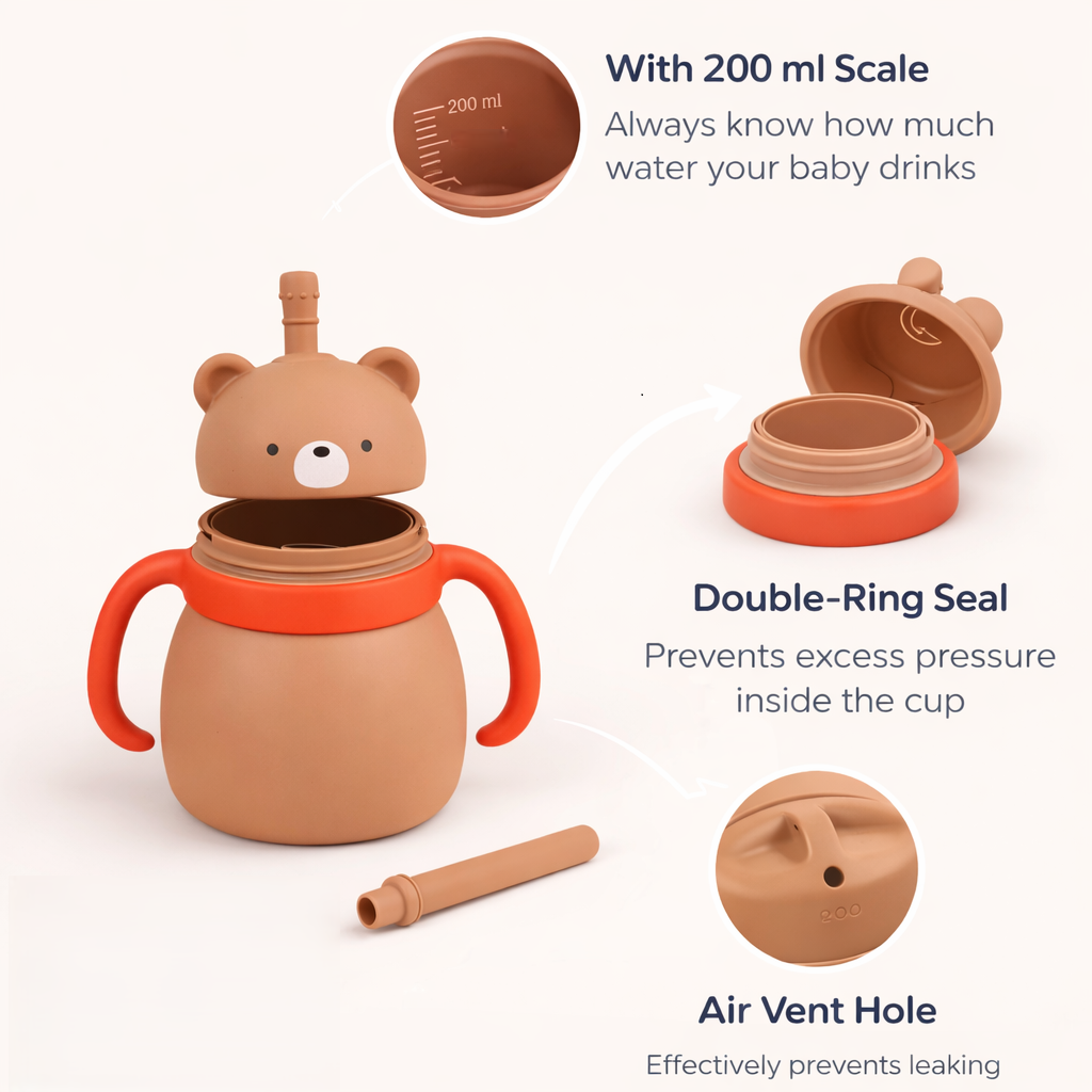 Silicone Baby Sipper Cup with Straw Brown Teddy Bear | BPA-Free | 200ml Baby Hydration Training Cup | Baby Travel sipper | Teething Friendly