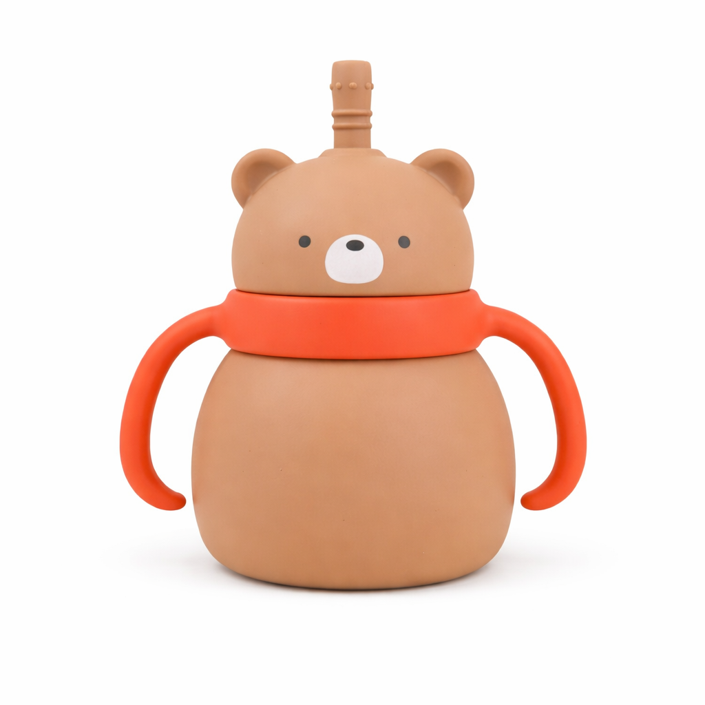 Silicone Baby Sipper Cup with Straw Brown Teddy Bear | BPA-Free | 200ml Baby Hydration Training Cup | Baby Travel sipper | Teething Friendly