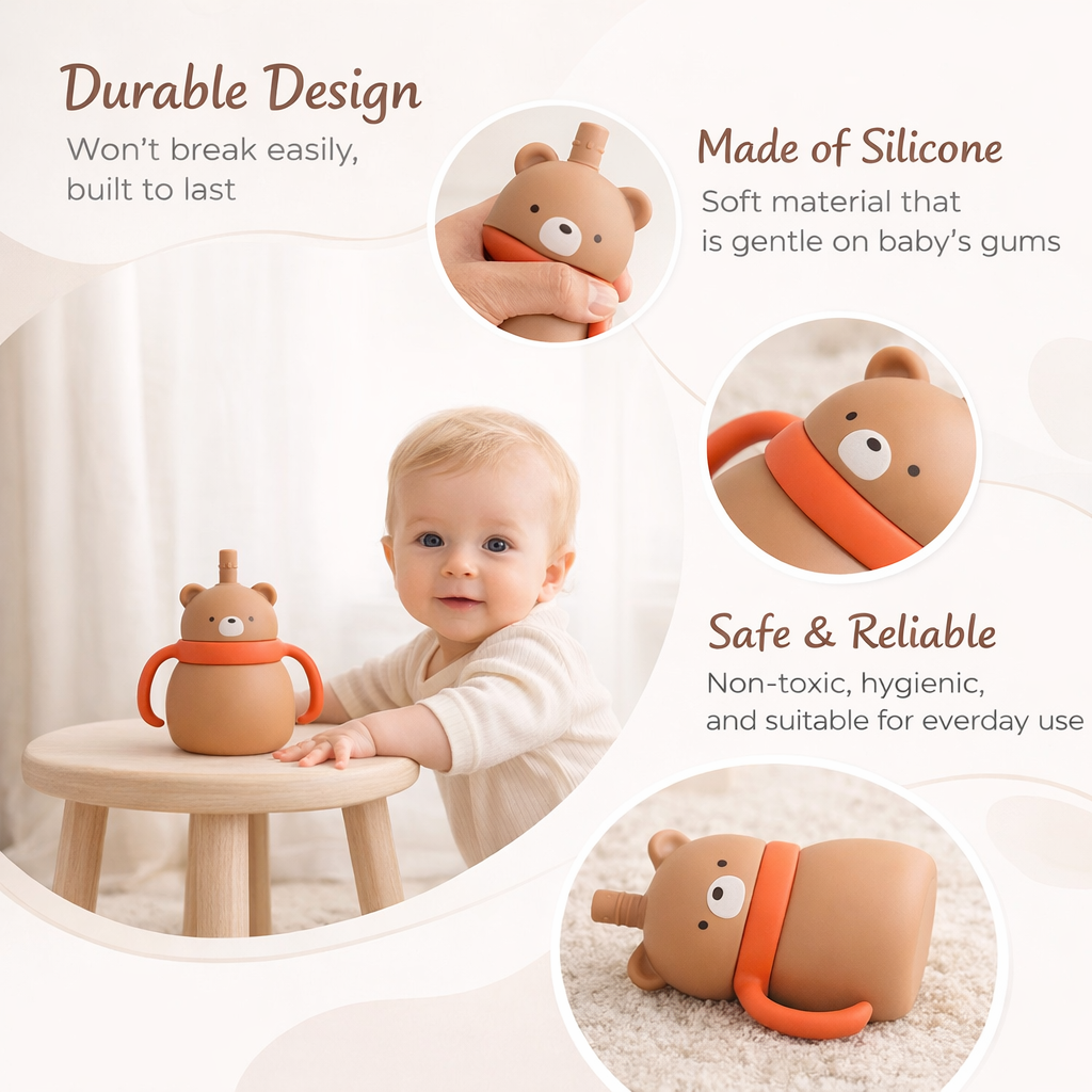 Silicone Baby Sipper Cup with Straw Brown Teddy Bear | BPA-Free | 200ml Baby Hydration Training Cup | Baby Travel sipper | Teething Friendly