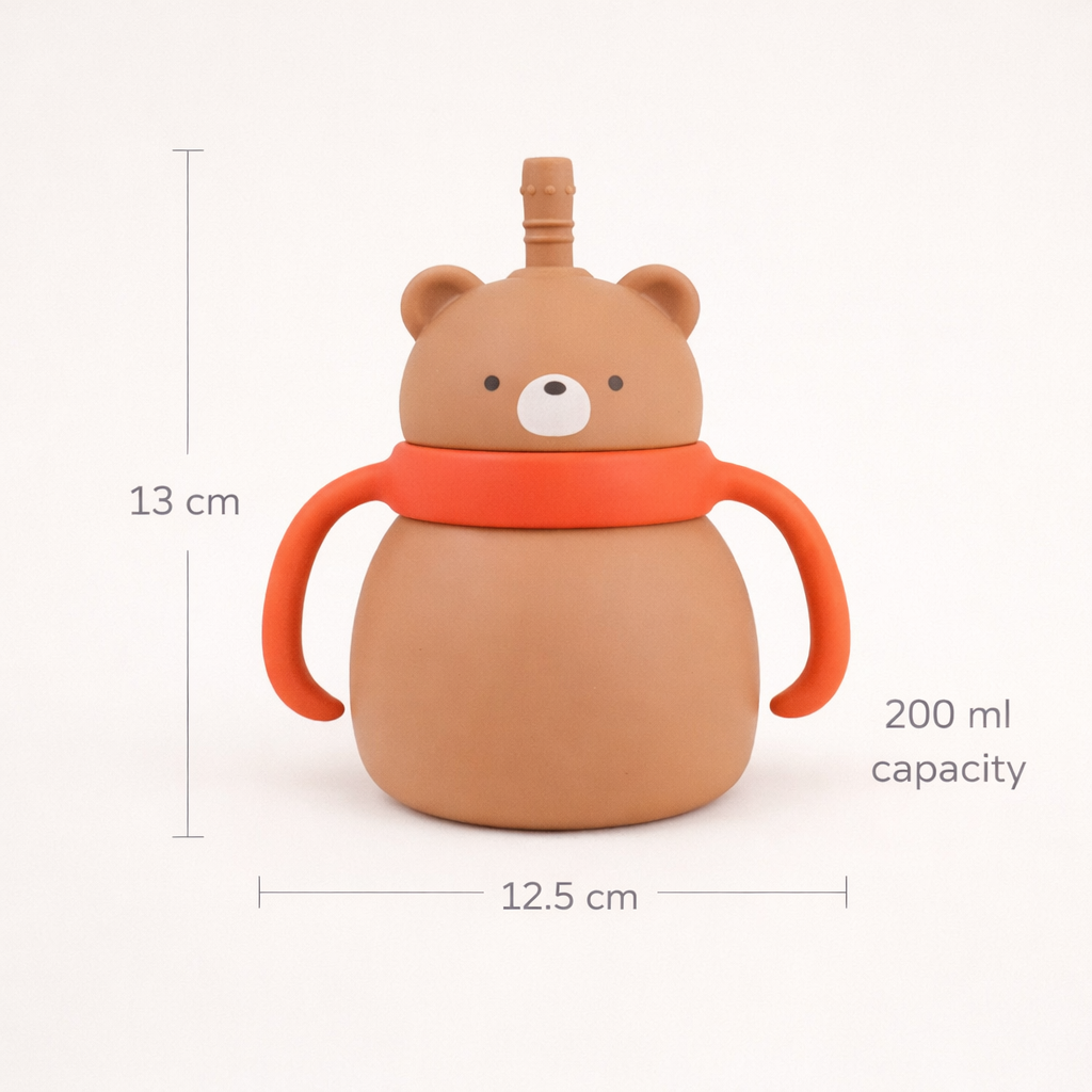 Silicone Baby Sipper Cup with Straw Brown Teddy Bear | BPA-Free | 200ml Baby Hydration Training Cup | Baby Travel sipper | Teething Friendly