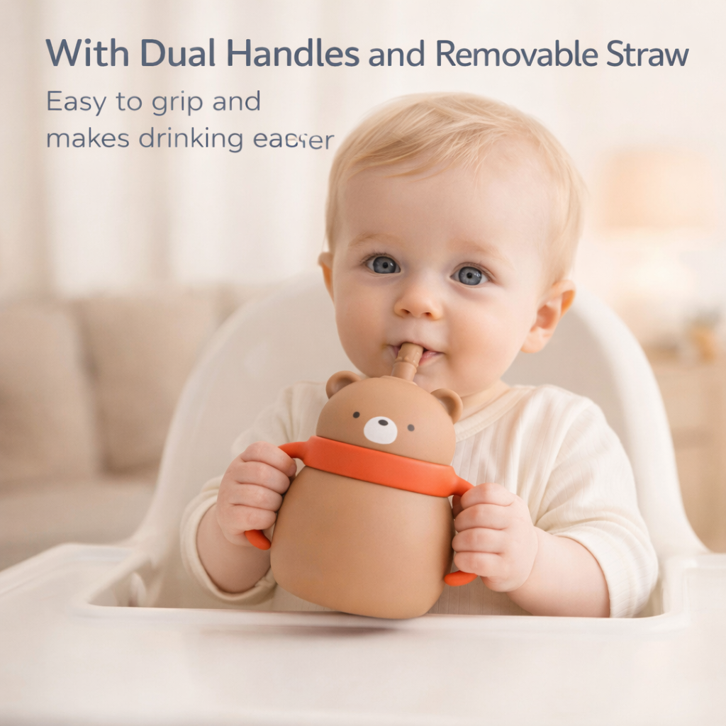 Silicone Baby Sipper Cup with Straw Brown Teddy Bear | BPA-Free | 200ml Baby Hydration Training Cup | Baby Travel sipper | Teething Friendly