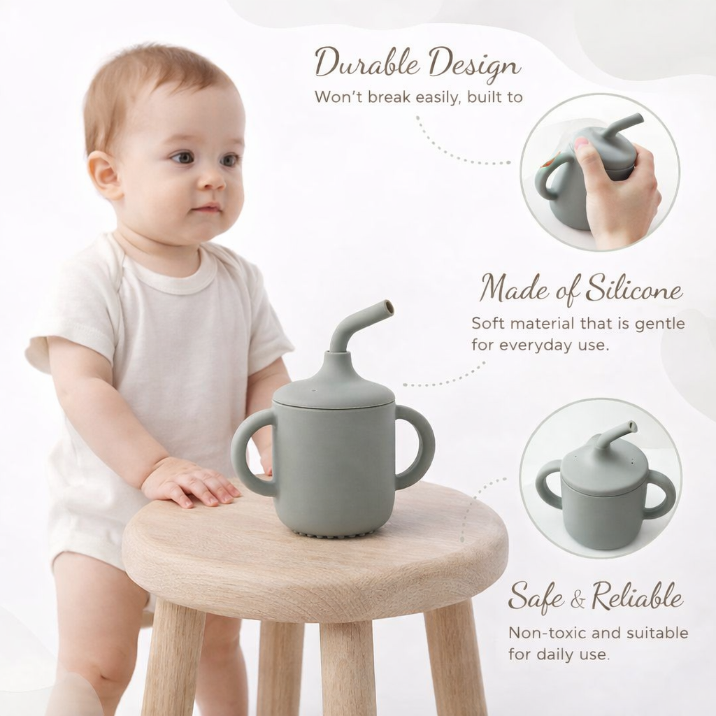 Grey Silicone Baby Sipper Cup with Straw | BPA-Free | 200ml Baby Hydration Training Cup | Baby Travel sipper | Teething Friendly