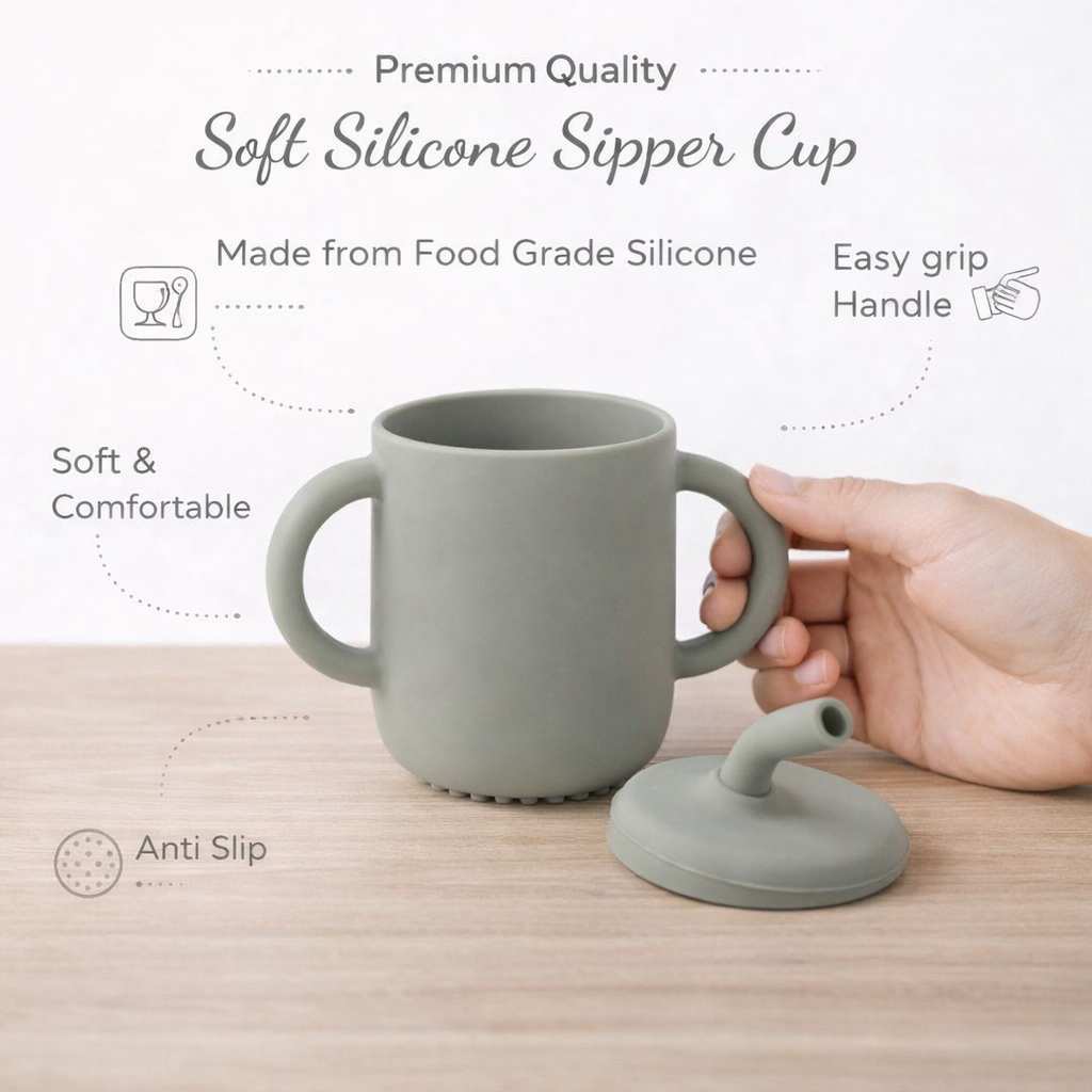 Grey Silicone Baby Sipper Cup with Straw | BPA-Free | 200ml Baby Hydration Training Cup | Baby Travel sipper | Teething Friendly