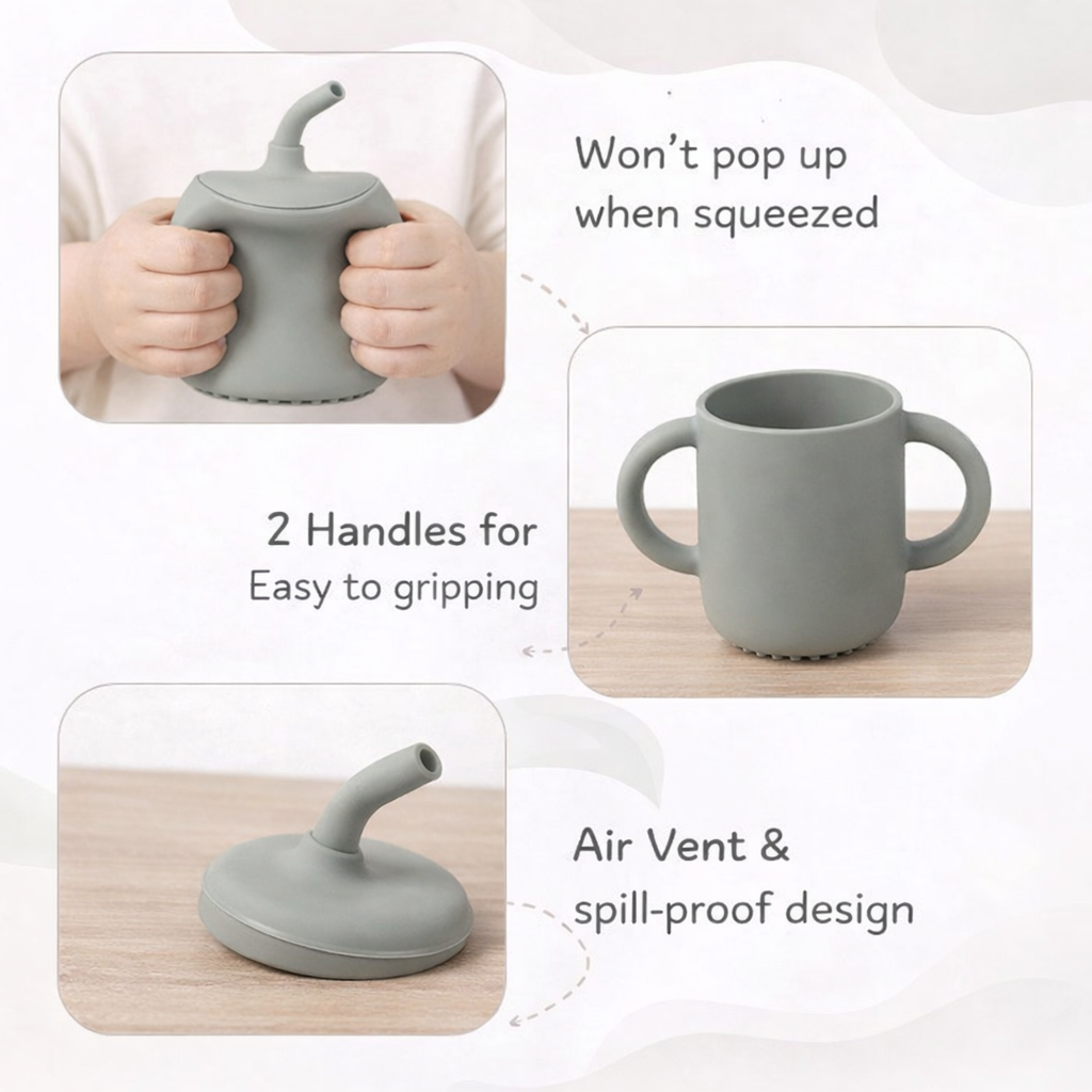 Grey Silicone Baby Sipper Cup with Straw | BPA-Free | 200ml Baby Hydration Training Cup | Baby Travel sipper | Teething Friendly