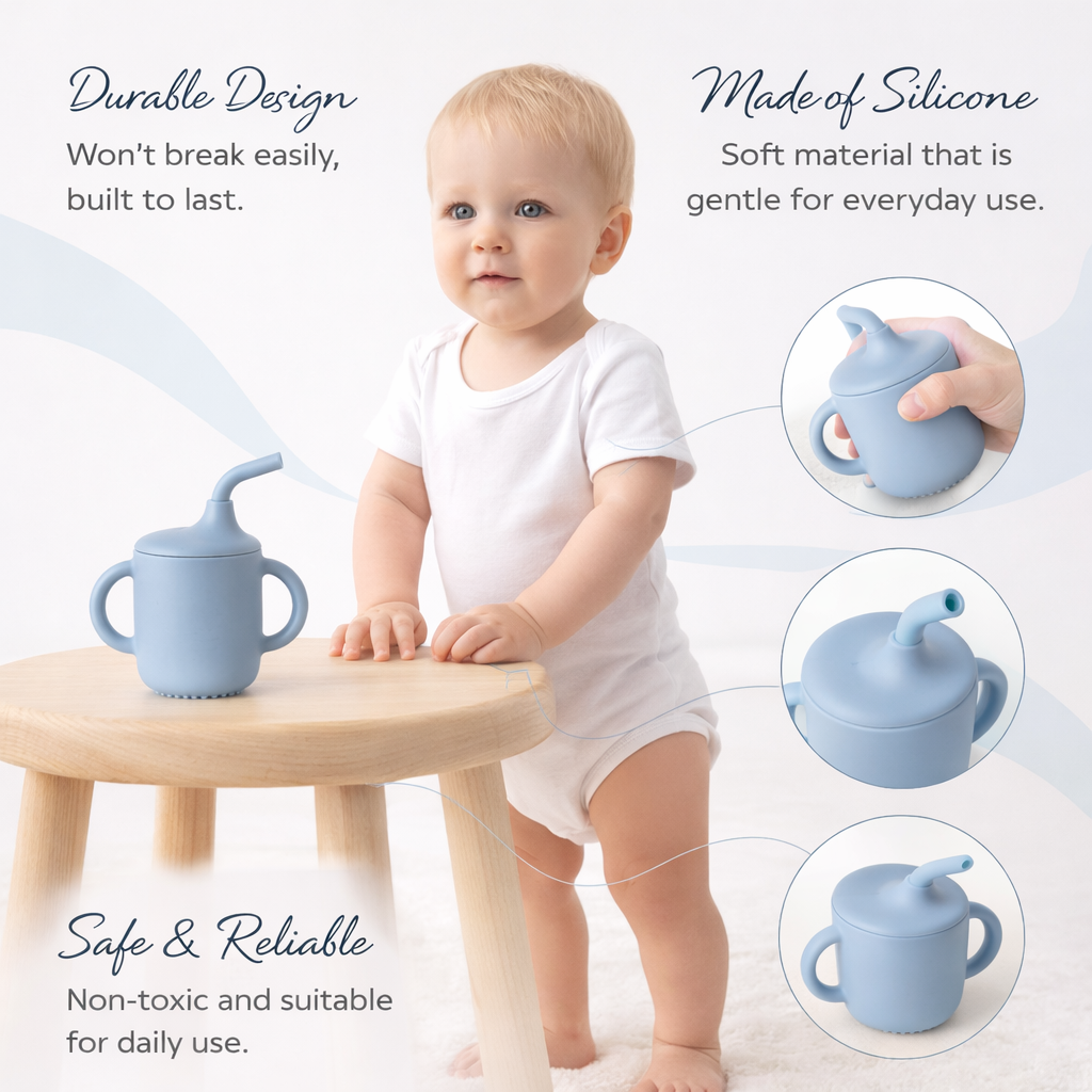 Blue Silicone Baby Sipper Cup with Straw | BPA-Free | 200ml Baby Hydration Training Cup | Baby Travel sipper | Teething Friendly