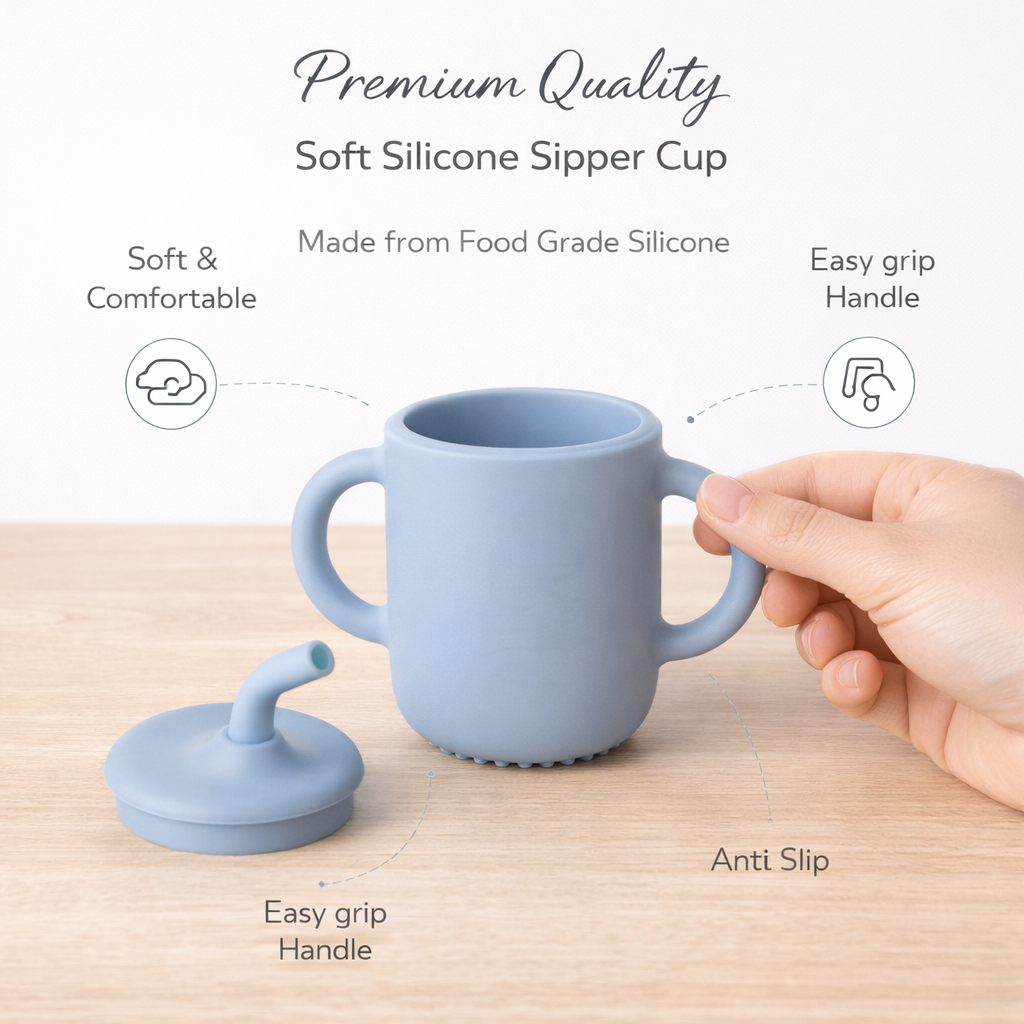 Blue Silicone Baby Sipper Cup with Straw | BPA-Free | 200ml Baby Hydration Training Cup | Baby Travel sipper | Teething Friendly