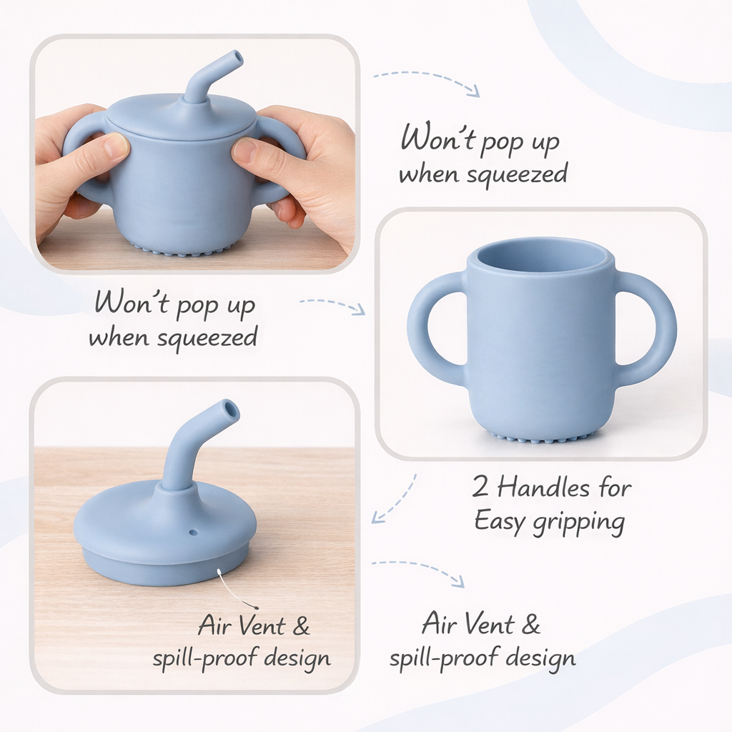 Blue Silicone Baby Sipper Cup with Straw | BPA-Free | 200ml Baby Hydration Training Cup | Baby Travel sipper | Teething Friendly