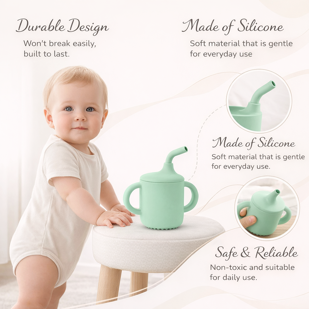 Green Silicone Baby Sipper Cup with Straw | BPA-Free | 200ml Baby Hydration Training Cup | Baby Travel sipper | Teething Friendly