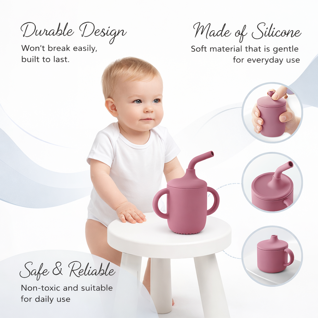 Purple Silicone Baby Sipper Cup with Straw | BPA-Free | 200ml Baby Hydration Training Cup | Baby Travel sipper | Teething Friendly