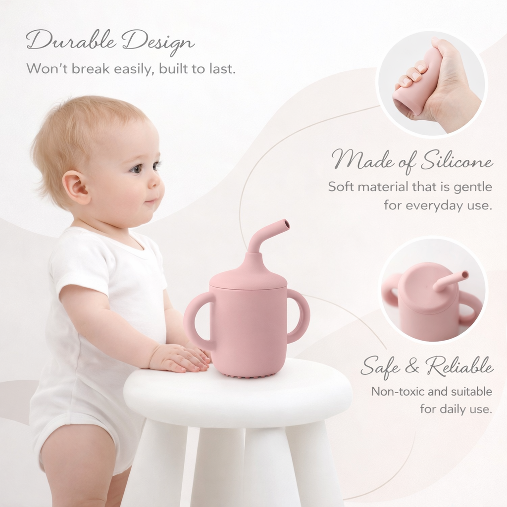 Pink Silicone Baby Sipper Cup with Straw | BPA-Free | 200ml Baby Hydration Training Cup | Baby Travel sipper | Teething Friendly