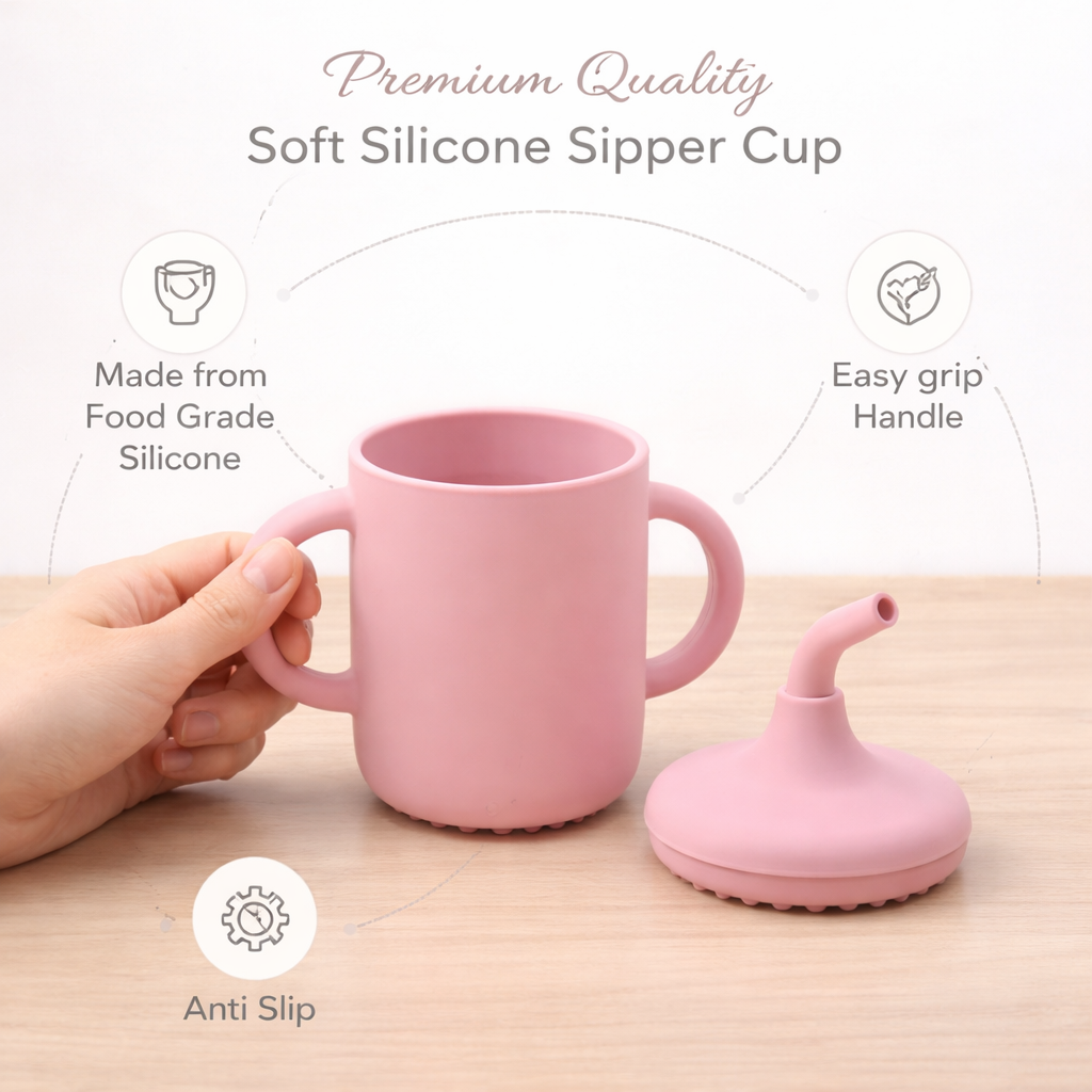 Pink Silicone Baby Sipper Cup with Straw | BPA-Free | 200ml Baby Hydration Training Cup | Baby Travel sipper | Teething Friendly
