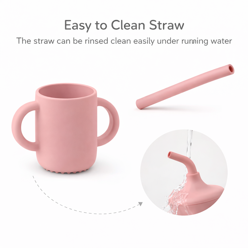 Pink Silicone Baby Sipper Cup with Straw | BPA-Free | 200ml Baby Hydration Training Cup | Baby Travel sipper | Teething Friendly
