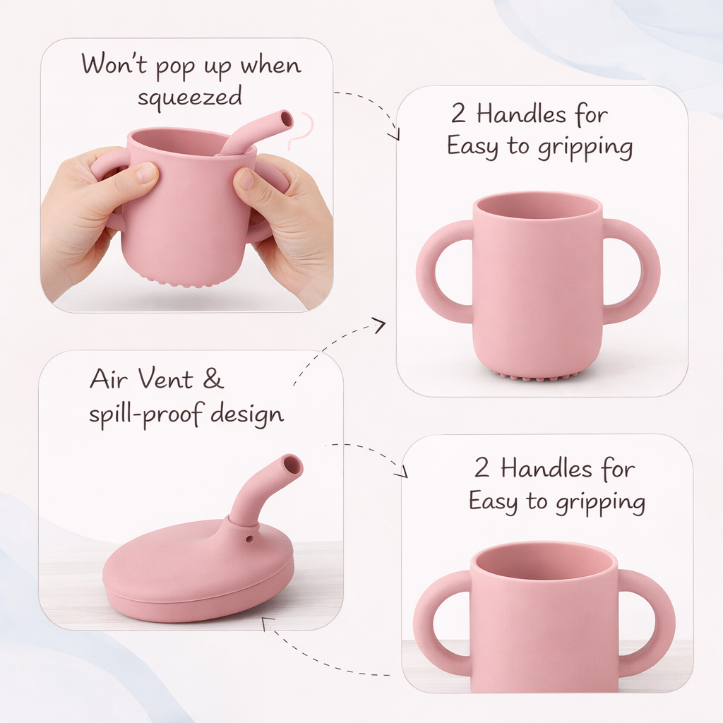 Pink Silicone Baby Sipper Cup with Straw | BPA-Free | 200ml Baby Hydration Training Cup | Baby Travel sipper | Teething Friendly