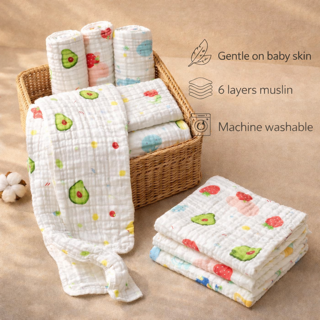 6-Layer Muslin Burp Cloths (Pack of 5/10) — 25 × 50 cm | Crinkle Soft Texture
