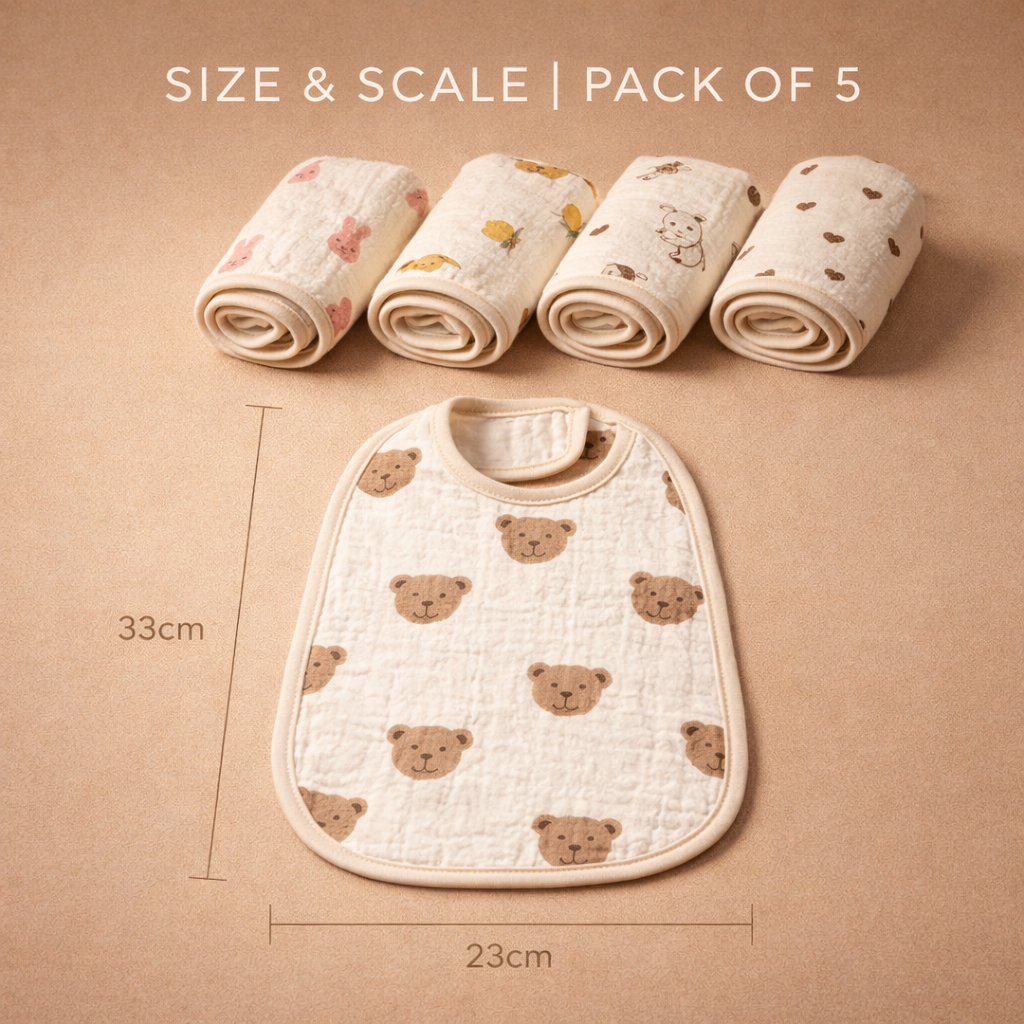 Muslin Bibs with Waterproof Layer (33 × 23 cm) | Pack of 3/5