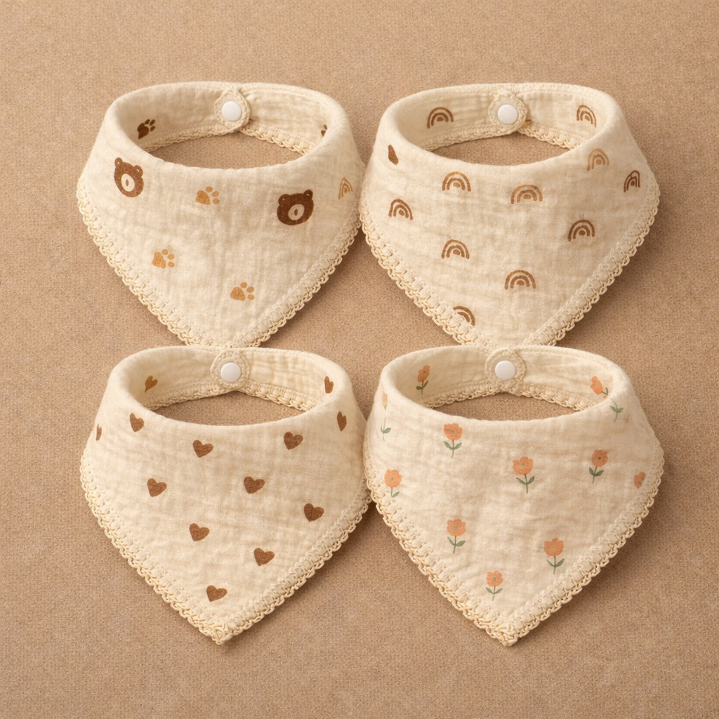 4-layer Muslin Bandana Bibs (Napkin + Bib) | (Pack of 4) | 25 x 25 cm