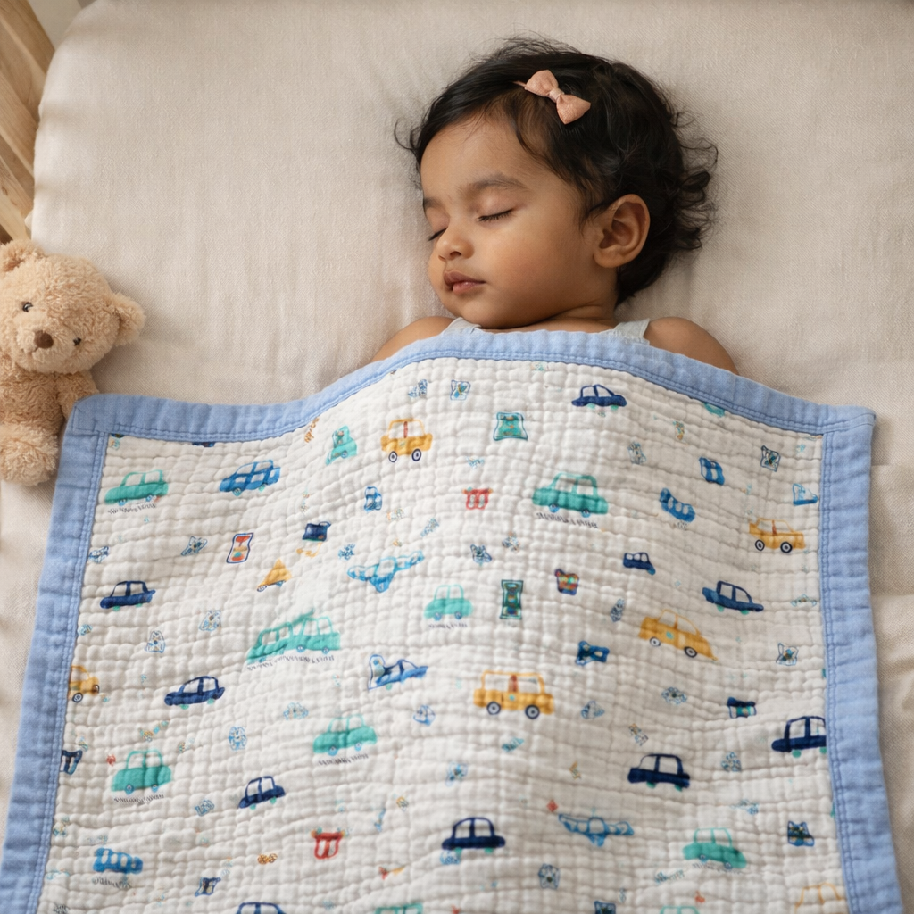 Cars Print Muslin New Born Baby Blanket | 100% Cotton Multipurpose Blanket for Babies