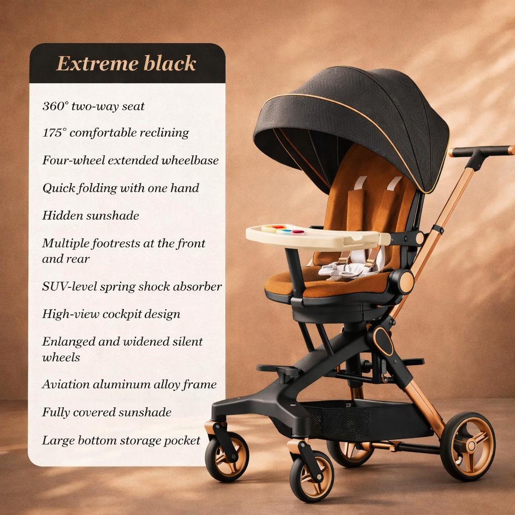 360° Rotatable Baby Stroller with Removable Feeding Table | Stroller with food tray and cup holder | Parent facing | Adjustable recline