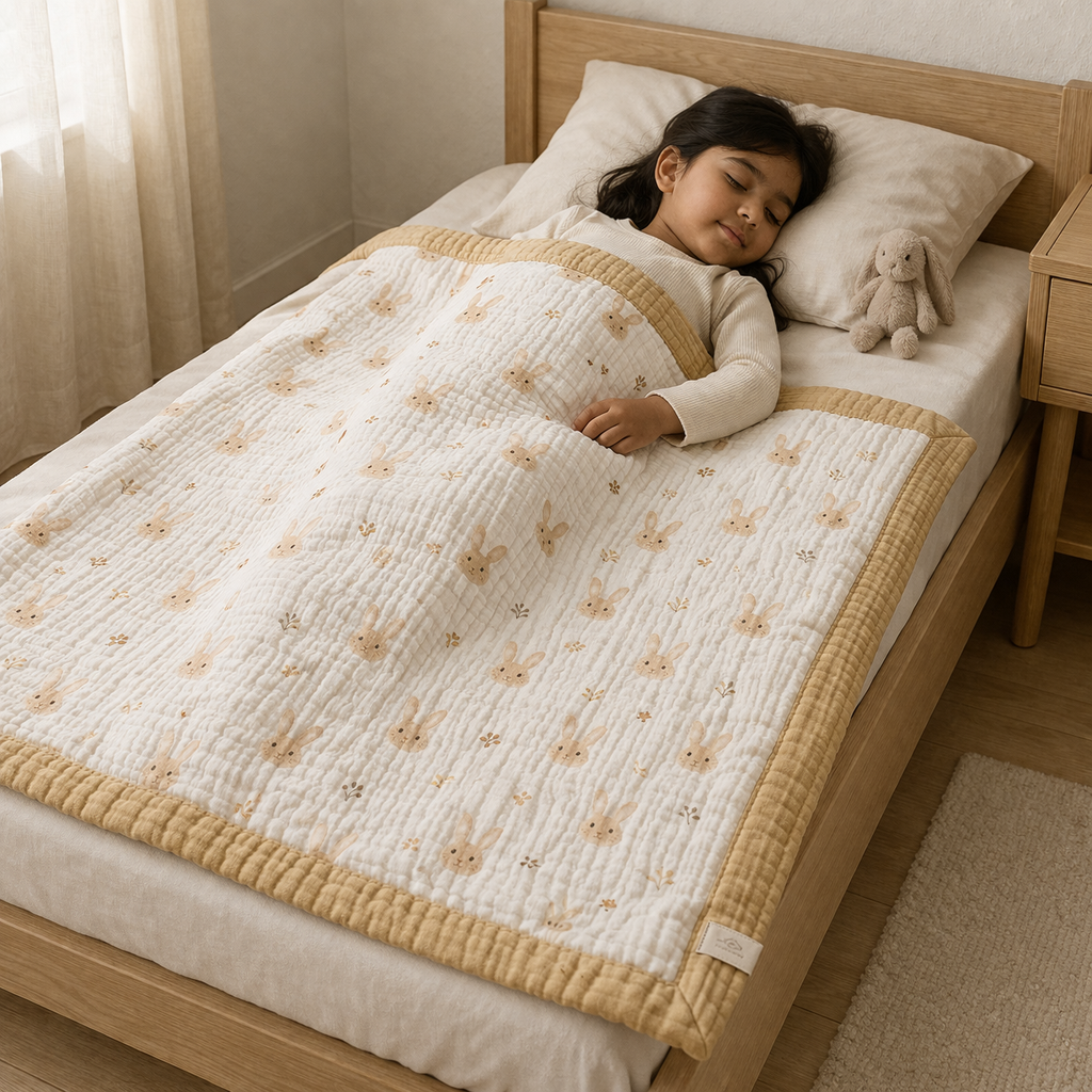 Brown Rabbit Print Muslin Blanket for Kids (150×200 cm) | Cozy & Breathable