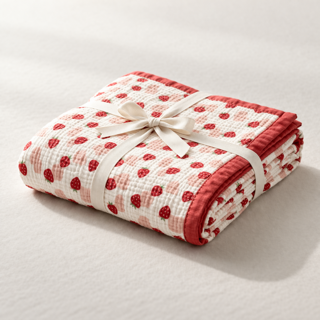 Strawberry Print Muslin Blanket for Kids (150×200 cm) | Cozy & Breathable