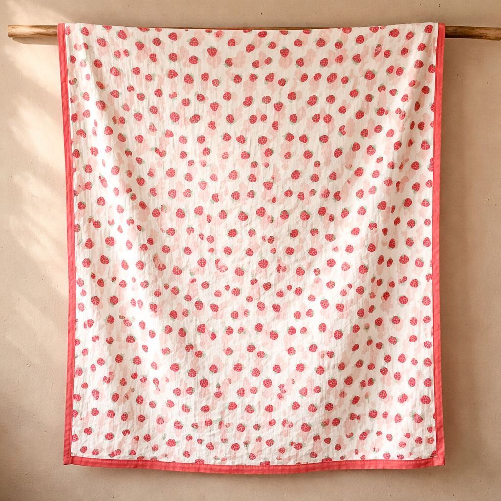 Strawberry Print Muslin Blanket for Kids (150×200 cm) | Cozy & Breathable